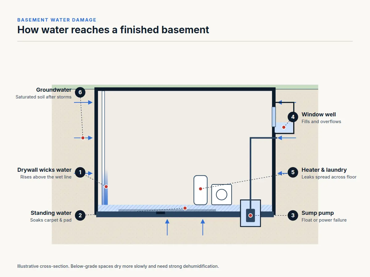 Cross-section diagram of a finished basement showing groundwater, sump pit, window well and water heater as water sources