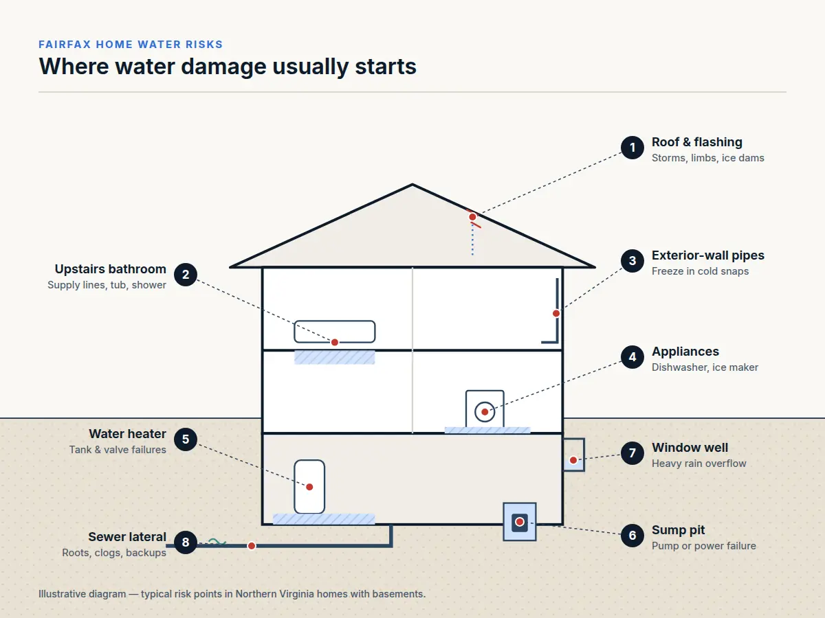 Cutaway diagram of a two-story Fairfax-area home showing eight common water damage risk points