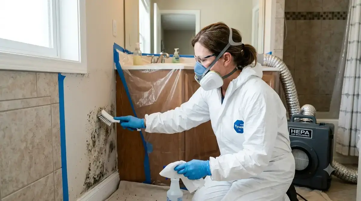 Technician in a protective suit and respirator scrubbing mold off a bathroom wall, with plastic containment and a HEPA air scrubber running