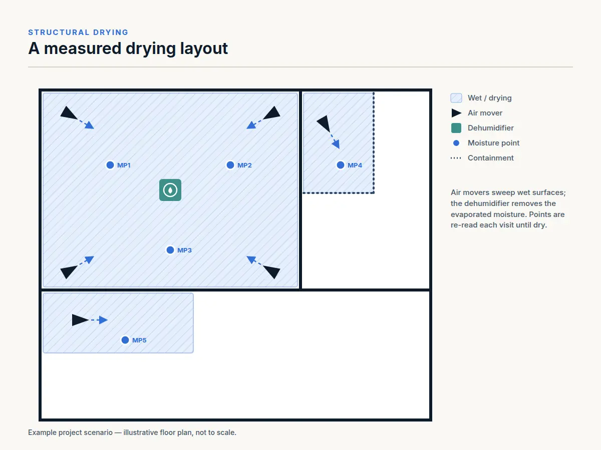 Floor plan diagram of a measured structural drying layout with air movers, a dehumidifier, containment and moisture points