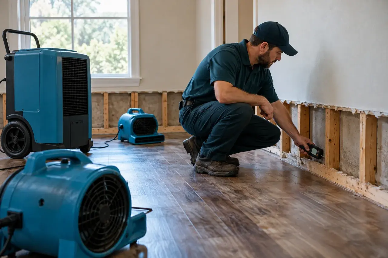 Technician checking exposed wall framing with a moisture meter after a flood cut, with a dehumidifier and air movers drying the room