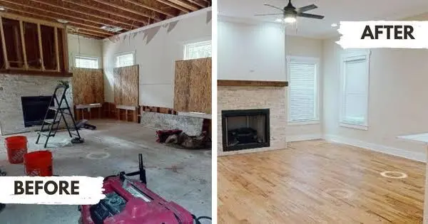 Before and after of a water-damaged living room: stripped walls, bare subfloor and equipment on the left, and the same room finished with new drywall, paint and hardwood floors on the right
