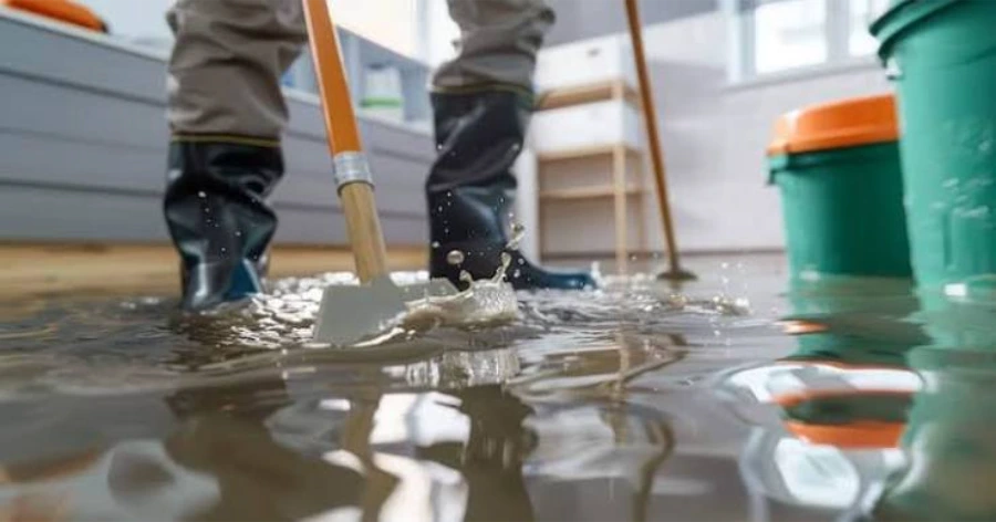 Technician in rubber boots pushing standing water off a flooded floor during water damage cleanup