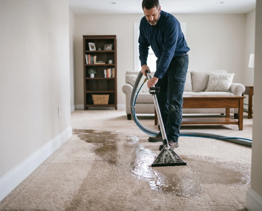 Technician running a carpet extraction wand across a soaked living room carpet to pull out standing water